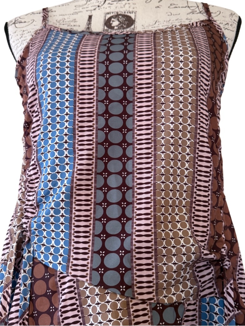 Pin Han Boho Patchwork Ruffle Mini Dress Adjustable Straps & Waist Medium New - Picture 3 of 15